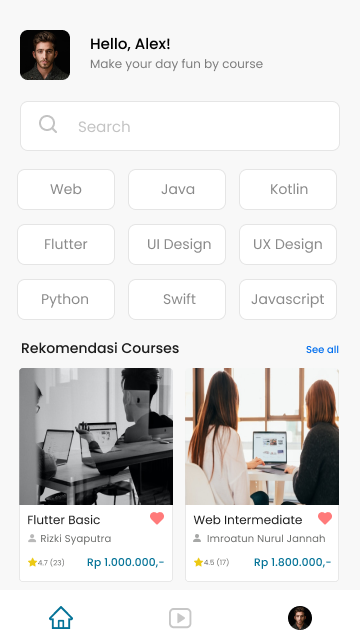 Make Home and List Course on E-Course App